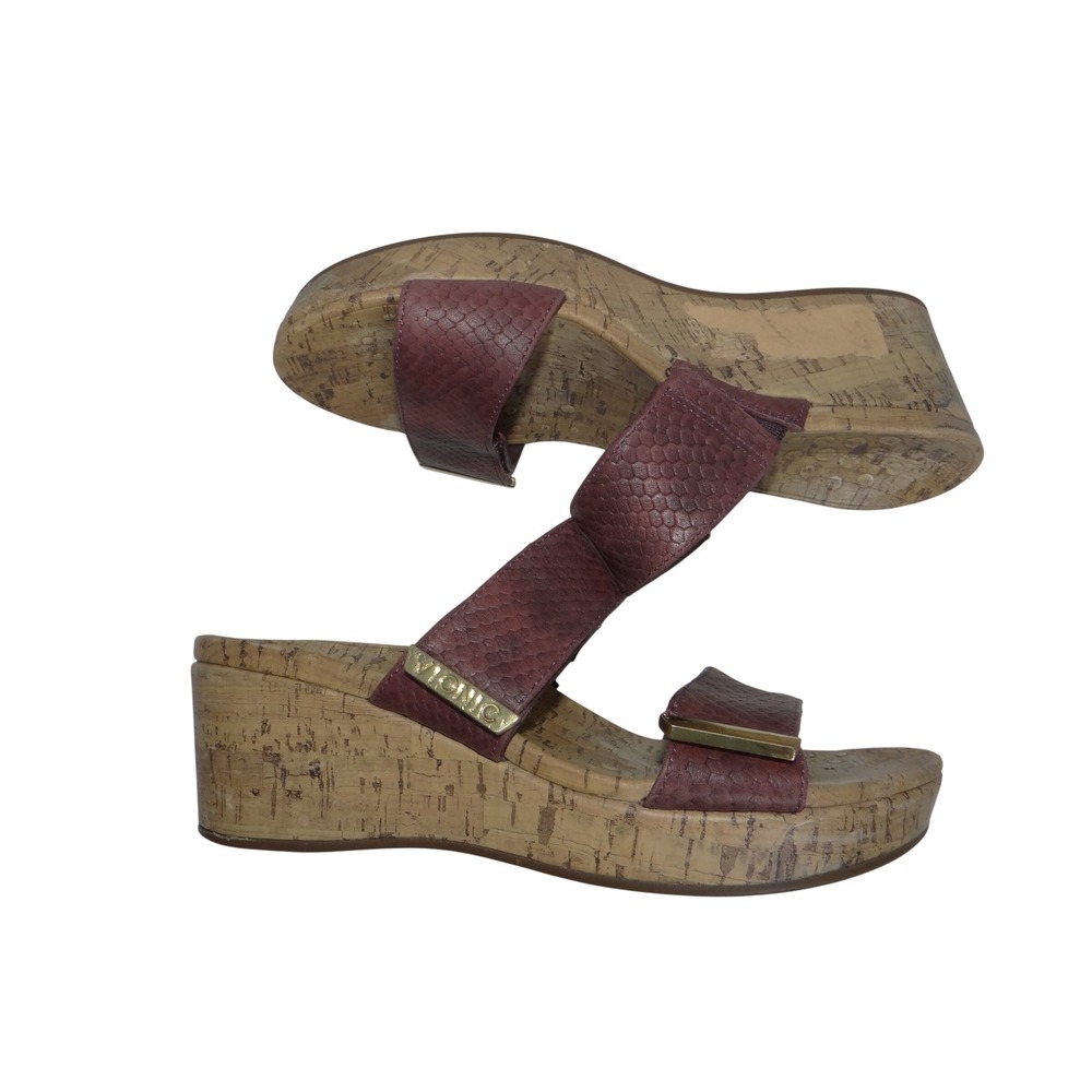 Vionic Pepperit Burgundy Snake Embossed Cork Wedge Sandals Womens 9 W5251
